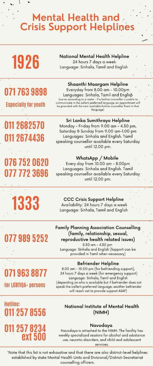 If you know of anyone who is distressed or considering harming themselves, please contact the following helplines for free support. Further details about such services and coping can be found here: groundviews.org/2022/03/30/bui…