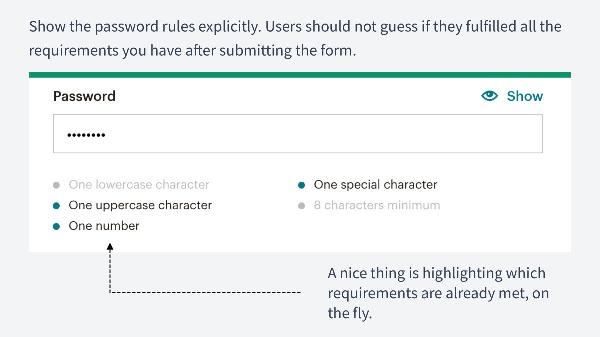 vponamariov's tweet photo. UI/UX Tip 💡

Show the password rules explicitly. 

Don't make users submit the form multiple times before they met all of them. https://t.co/p33O1Cm9qR