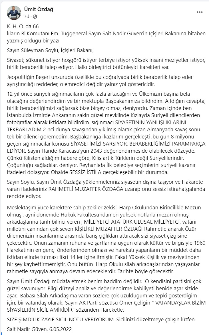umitozdag's tweet photo. Emekli Tuğgeneral Sayın Sait Nadir Güven'in @TC_icisleri Bakanı @suleymansoylu'ya yazdığı mektup https://t.co/Fyw7fmYHOX