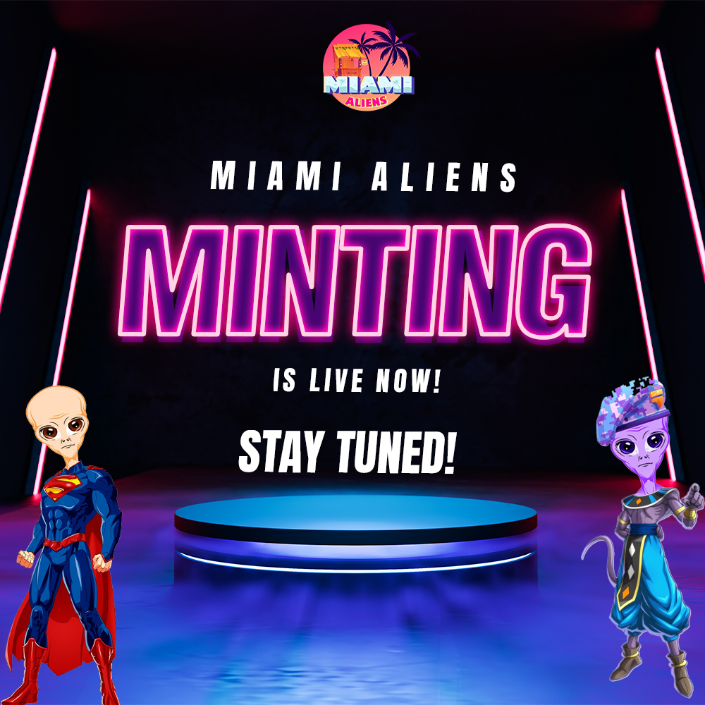 miami_aliens's tweet photo. Hey #NFTCommunity
We warmly welcome 🤗 you to the official Minting of Miami Aliens 👽 

Opensea: https://t.co/jifMb9Hb5f

A massive 100,000$ giveaway is also live!
Be a part of it! 
1) FOLLOW, LIKE &amp; RT!
2) Join Discord
 https://t.co/2ynAt6hiUT

#NFT #NFTs #NFTGiveaway https://t.co/R1glSoRCLB
