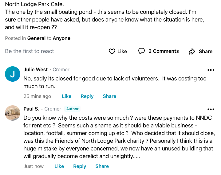 to <a href="/CromerCllr_Tim/">Tim Adams</a> what is going on here please ? what can you do ? Is this owned by the council ? surely better to reduce rent etc rather than have a local amenity unused ??