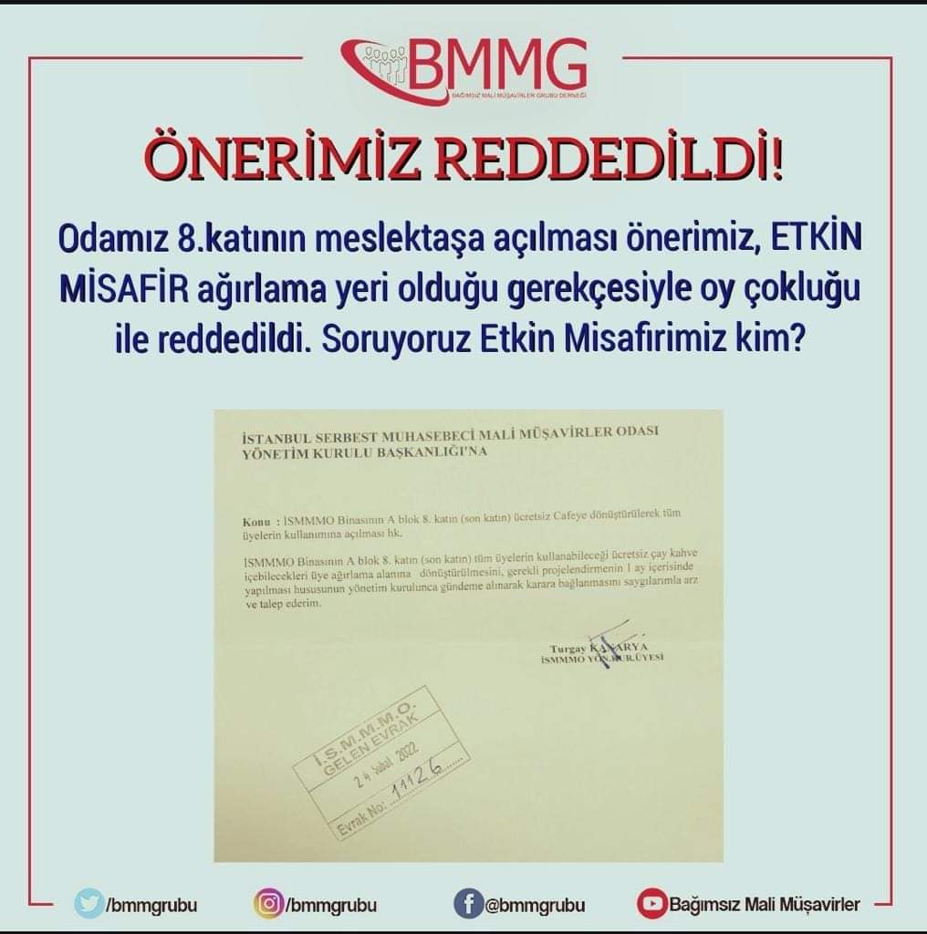 TEKRAR SORUYORUZ...

Siz de merak ediyorsanız, 14 Mayıs'ta İSMMMO Genel Kuruluna gelin ve sorun. Sizlerin aidatı ile kurulmuş bir Oda da sizden daha ETKİN kim var da, 400 M2 alan bu etkin misafire ayrılmış. 

#ismmmoseçimegidiyor