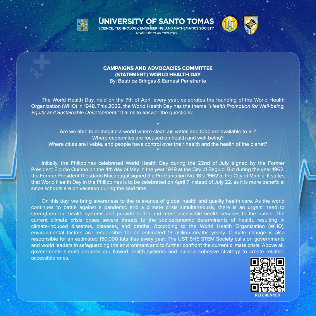 ustshsstemsoc's tweet photo. IMPORTANT: USTSHS STEM Society’s Statement on World Health Day

On this day, we bring awareness to the relevance of global health and quality health care.

This calls for a need to strengthen our health systems and provide better and more accessible health services to the public. https://t.co/b69mlC0URq