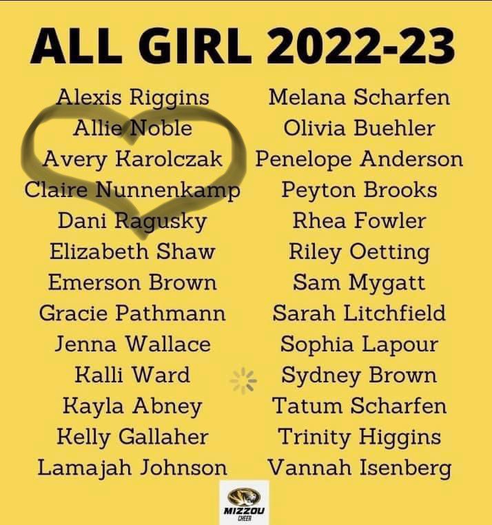 Congratulations to Avery Karolczak for making the All Girl Mizzou Cheer Team! We can not wait to see you shine out there! We are so proud of you! ~ MIZ - ZOU! 💛🐯🖤📣