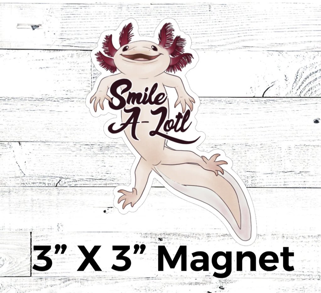 ageckoandhispjs's tweet photo. Do you love Axolotls? Then our “Smile-A-Lotl” magnet is perfect for you.  Our magnets are perfect for fridges, lockers, magnet boards, filing cabinets, etc... The perfect Axolotl accessory.

#axolotlsoftwitter #axolotls #axolotlaccessories #smilalotl #reptileacessories https://t.co/Wfyrq3UMHP