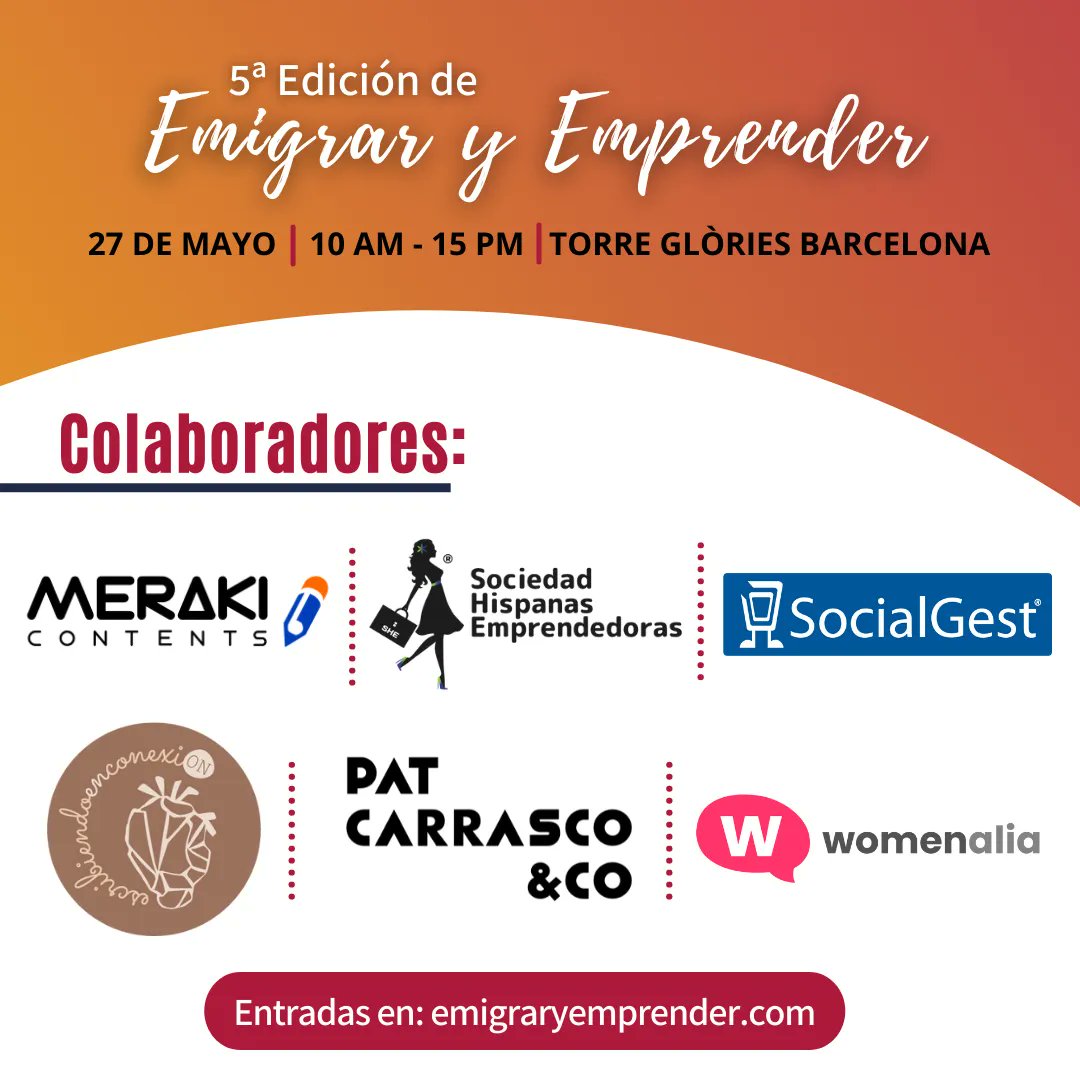 emigrayemprende's tweet photo. 🤝Los colaboradores son parte fundamental de un #Evento
@womenalia @SocialGestApp @merakicontents @iampatcarrasco #escribiendoenconexion #shemprendedoras
Nos vemos en #Barcelona 🇪🇸🙌🏻💡
#EmigraryEmprender te recibe con café☕️ en mano el 27/MAYO
https://t.co/0Xxtzb6mGh #EyE https://t.co/BYV1daEm3X