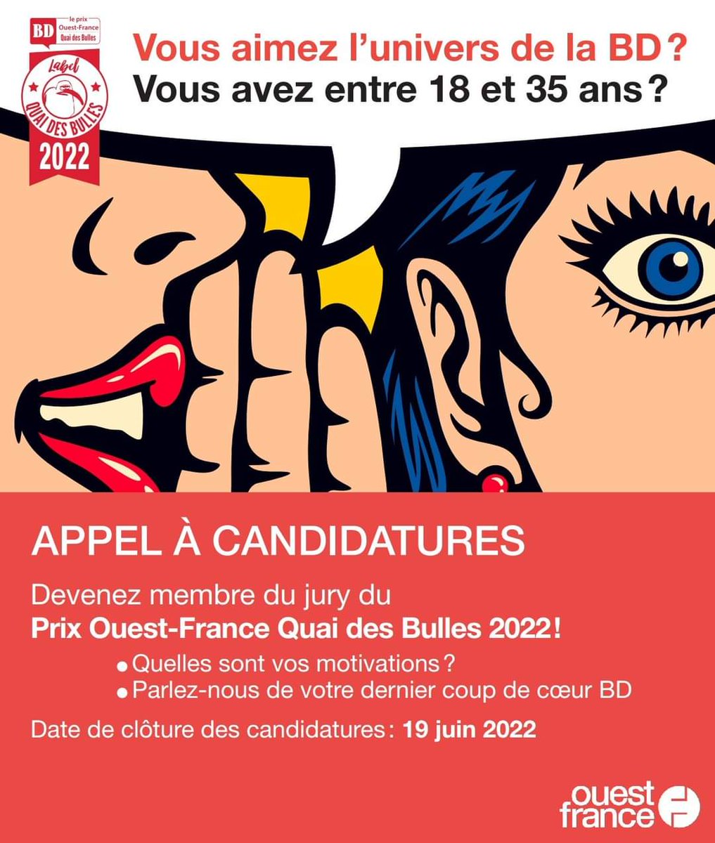 AnaBerno's tweet photo. 💬📖 Si vous avez entre 18 et 35 ans, êtes fan de BD et résidez en Bretagne, Normandie ou Pays de la Loire, devenez jury du super festival @QuaidesBulles pour @OuestFrance  !
Par ici pour tout savoir 👇 https://t.co/EjhWO2njsA https://t.co/ydXOznGGUD
