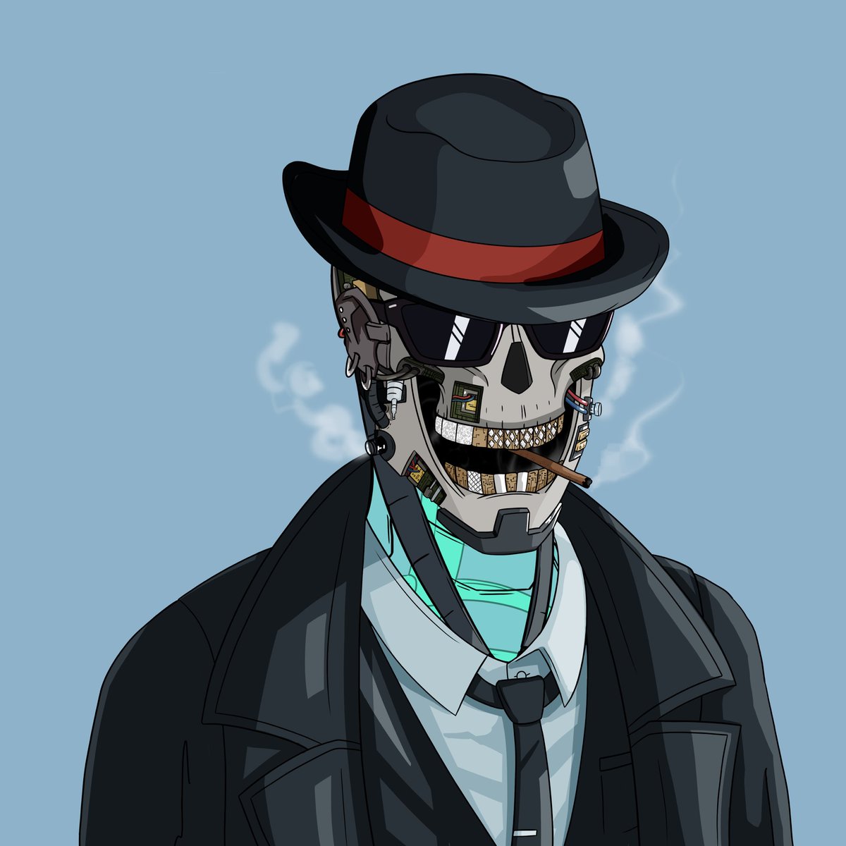 0xweis's tweet photo. That hat complements the suit really well…. Soooo freakin’ excited for @SKULLBOTS mint!!! https://t.co/1MGNVQ72wv