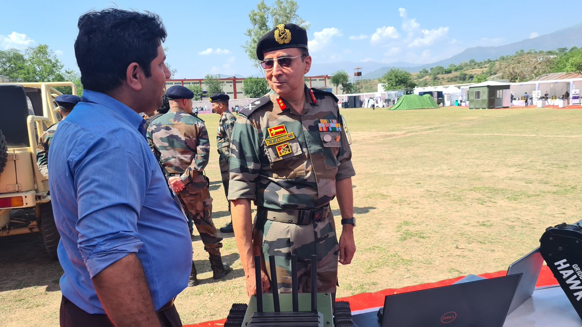 Gridbots's tweet photo. Vice Chief of Indian Army [BS Raju] , Lt. General Upendra Dwivedi and Major General KV Jauhar visited Gridbots booth and appreciated the products and technologies to pave the way forward.
  
 #gridbots #indianarmy #northtech2022  #defenserobots #acv #ugv #futureofwar https://t.co/b34cFcYT5r