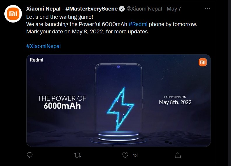 TechNepz's tweet photo. @XiaomiNepal The teaser is somewhat misleading as it suggests the phone has a punch-hole cutout. But in actuality, it has the outdated waterdrop notch instead. #TechNepz #redmi10 https://t.co/NfHg17oR0n