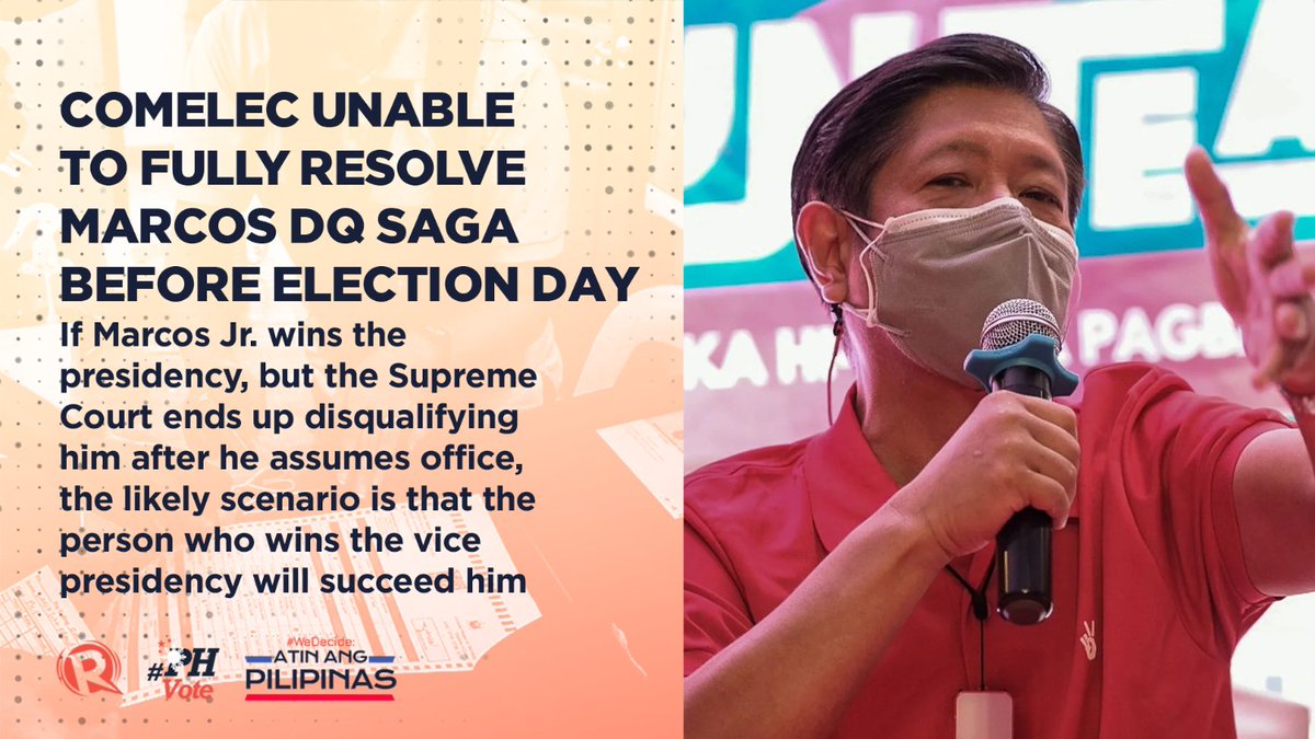 rapplerdotcom's tweet photo. The May 9 elections will push through with the long-running disqualification saga against presidential candidate and dictator’s son Ferdinand Marcos Jr. still unresolved by the Comelec. #PHVote #WeDecide #PHVoteMarcos

https://t.co/Sn3VPKtjvd https://t.co/Q7aTQ0iFLs