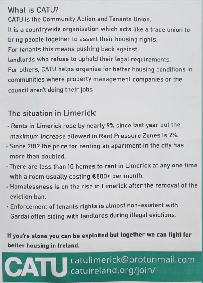 Our leaflets from the demonstration we shared with the people of Limerick yesterday. Please share widely to raise awareness of these unfair evictions, and the disgraceful situation of housing in Limerick!