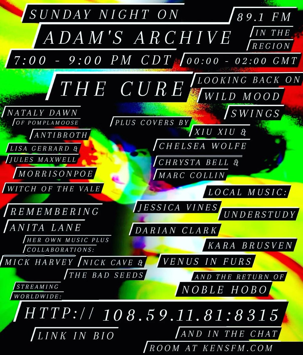 AdamsArchive891's tweet image. #AdamsArchive tonight @ 7:00 - 9:00 PM CDT / 00:00 - 02:00 GMT. 89.1 FM, streaming @ bit.ly/2AlBXHE &amp;amp; chat room @ kensfm.com

#AnitaLane tribute w/ #NickCave &amp;amp; #MickHarvey+ @thecure, @BrusvenKara, @djc_music_, @WitchOfTheVale, @MorissonPoe, @natalydawn, more