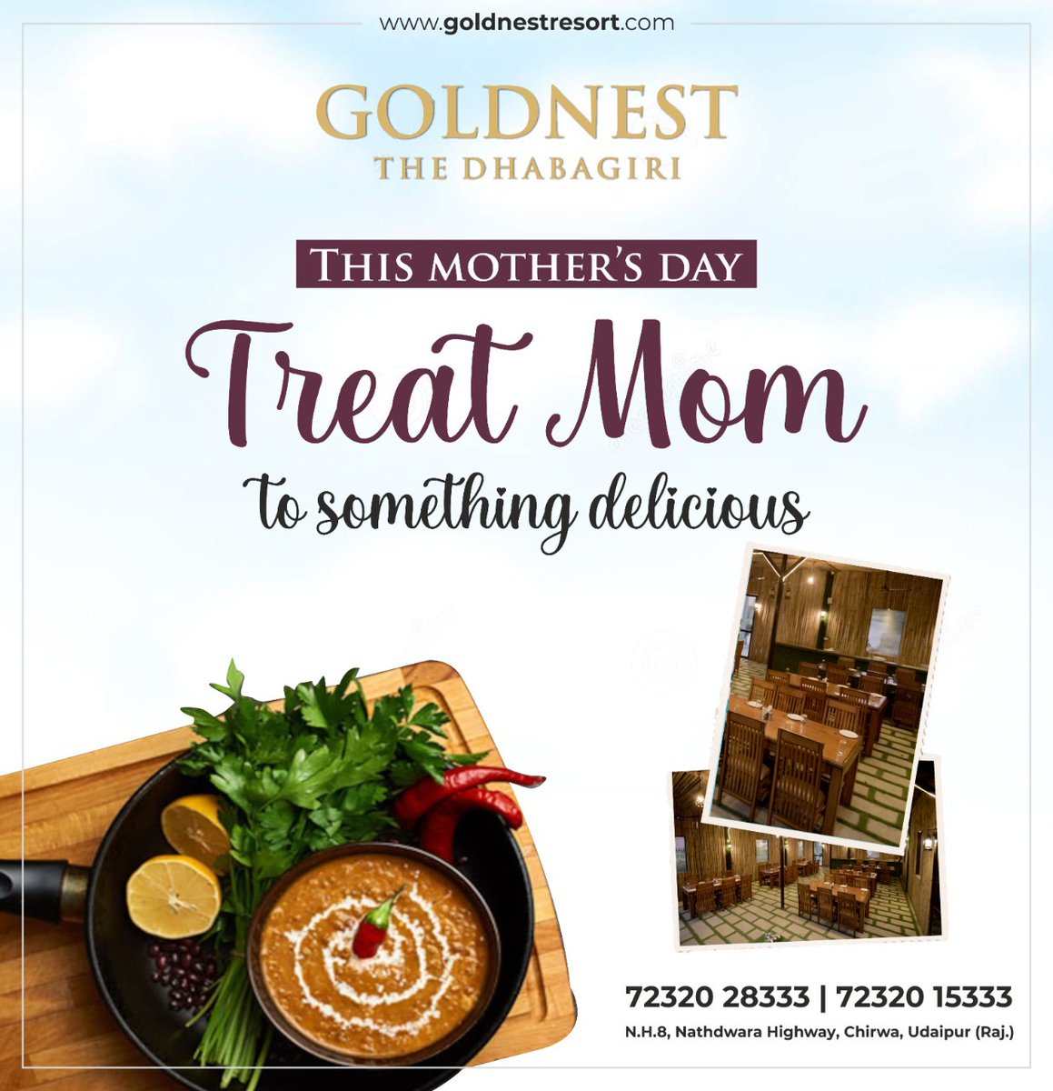 Happy Mother's Day!

This Mother's Day Treat Mom to Something Delicious.

Contact: +91-72320 28333 | 72320 15333
goldnestresort.com
.
.
.
#happymothersday #mothersday #mothersmile  #resort #hotel #travel #vacation #holiday #luxury #nature #GoldNestResort #resort #udaipur