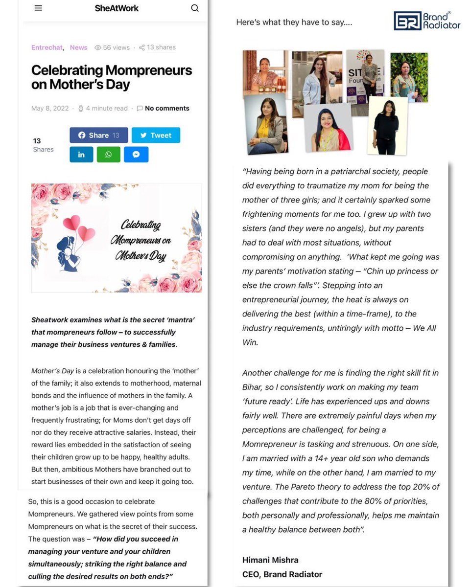 BrandRadiator's tweet photo. Read the full article on @sheatwork_com as our #PowerPuffCEO @HimaniMish speaks her heart out on Mothers Day. How she overcame all the challenges a mompreneur faces in today’s world.
#HappyMothersDay2022 https://t.co/zDNjosVzAM