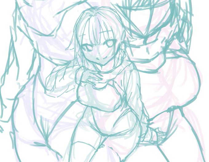 単体イラストの後ろに別アングル描くやつのラフ 