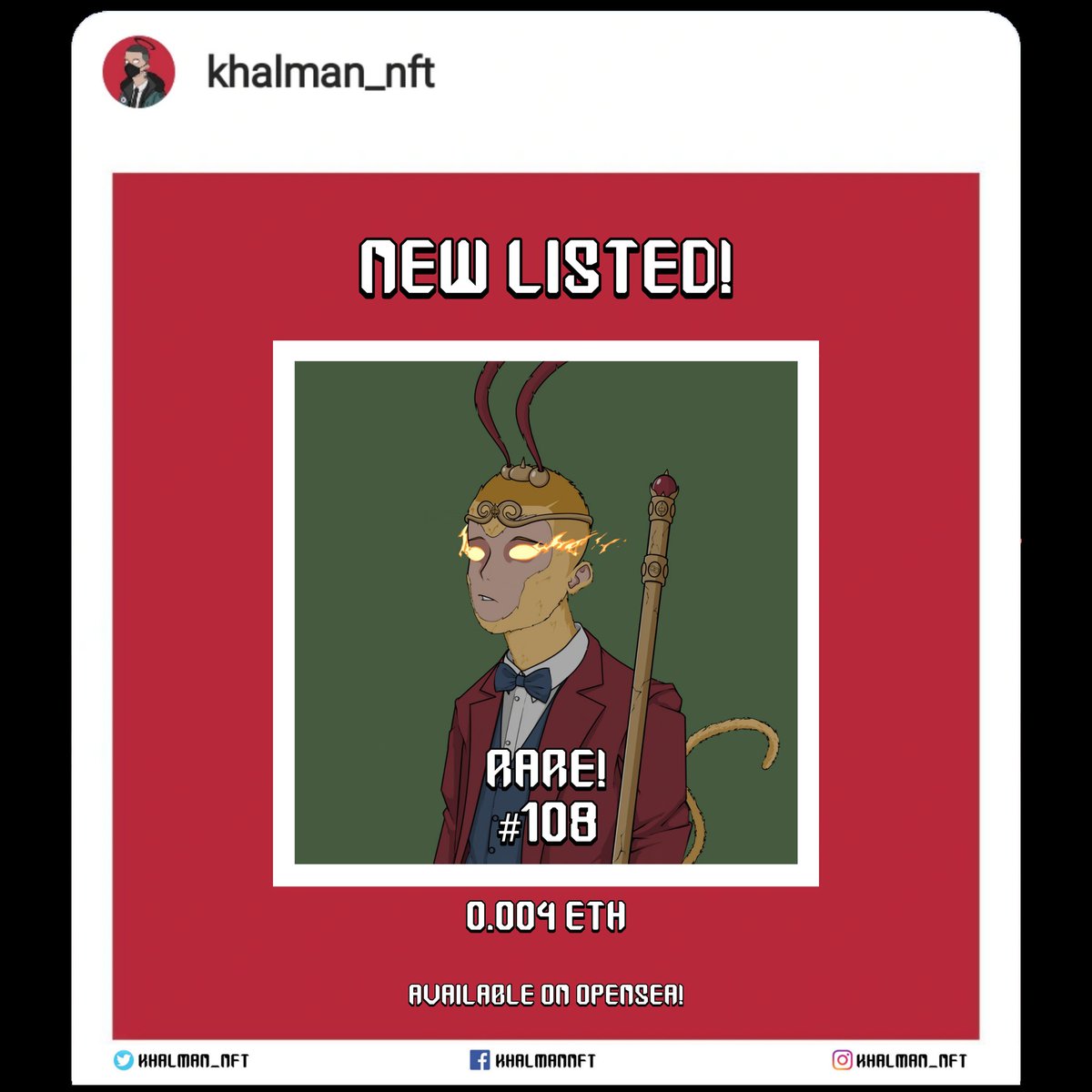 He needs a friend, to continue his journey to the west!

Khalman #108 a.k.a Monkey King (Rare) is now available on 
<a href="/opensea/">OpenSea</a>!

For price is only 0.004 Eth.
Blockchain : Polygon.

Grab it now!! Link in my bio.

#NFT #NFTs #NFTCommunity #NFTCollection #nftcollector
