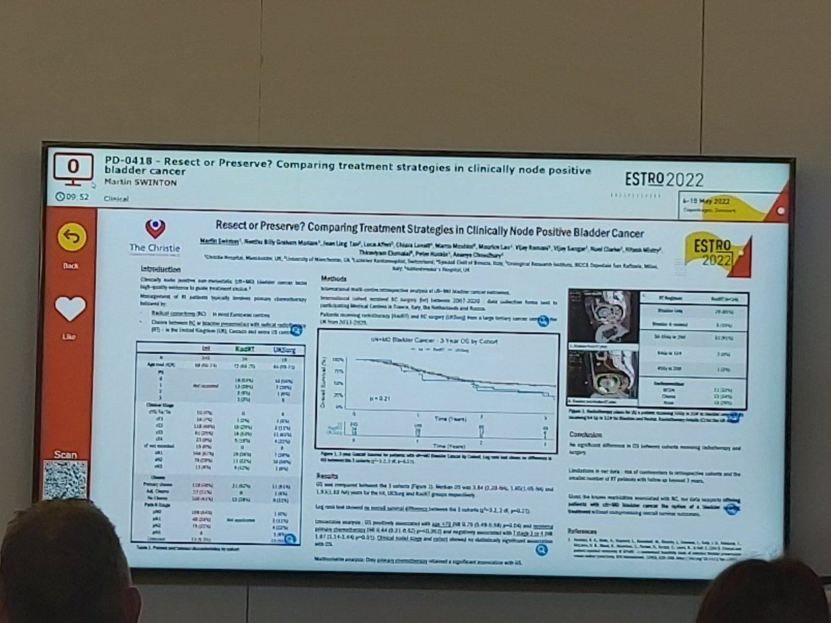 achoud72's tweet photo. @swinton_martin presents on behalf of @Thiraviyam_E @BgmNeethu @hilseth_mistrov @syeepei #WhereisHoskin 👏🏾👏🏾👏🏾 No difference in outcome between surgery and #radiotherapy for N+ #bladdercancer @MCRCnews @UoM_DCS @ESTRO_RT #ESTRO2022 @WorldBladderCan https://t.co/JnXpUuDJxE