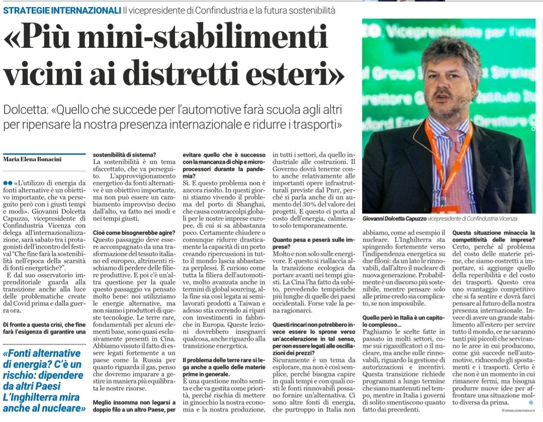 ConfindustriaVicenza (@confindustriavi) on Twitter photo Il vicepresidente Giovanni Dolcetta è stato relatore all’evento “Che fine farà la #sostenibilità nell’epoca della scarsità di fonti energetiche?” in occasione del Festival <a href="/citta_impresa/">Festival Città Impresa</a>.
Per vedere il video dell'evento: youtu.be/mQuiwx-YRBU Il vicepresidente Giovanni Dolcetta è stato relatore all’evento “Che fine farà la #sostenibilità nell’epoca della scarsità di fonti energetiche?” in occasione del Festival <a href="/citta_impresa/">Festival Città Impresa</a>.
Per vedere il video dell'evento: youtu.be/mQuiwx-YRBU