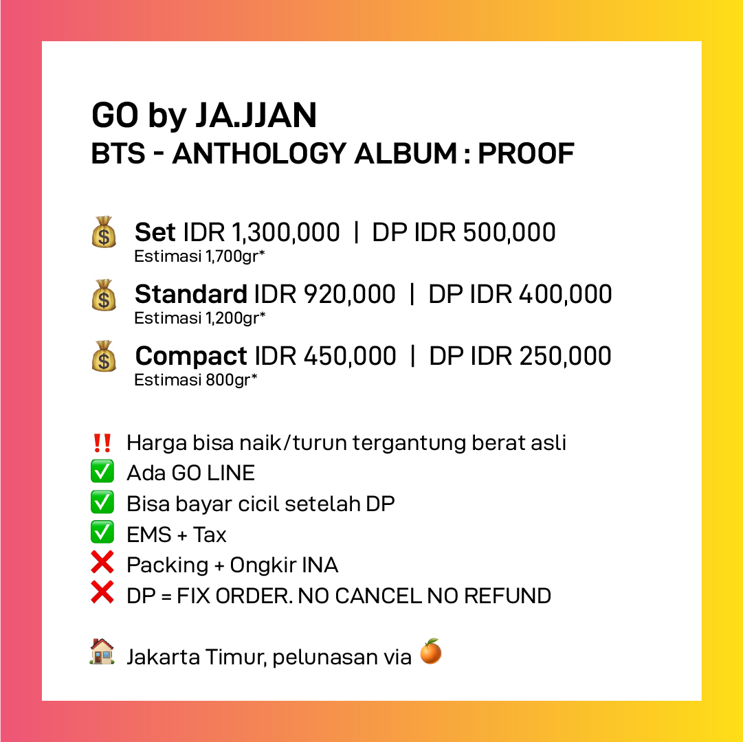 jajjan_store's tweet photo. ✨ WTS OPEN PO BATCH 2 🇮🇩 ✨
BTS - Anthology Album Proof
🌐 WEVERSE | ONLY 2 SLOT

💰 Set 1,300K (DP 500K)
💰 Standard 920K (DP 400K)
💰 Compact 450K (DP 250K)

🏠 Jakarta via 🍊
OPEN PO SAMPAI BESOK 9 MEI
SIAPA CEPAT DIA DAPAT! 🥰🫰

#. wts comeback cb bangtan ina #JajanDiJajjan https://t.co/M9TygQgGVj