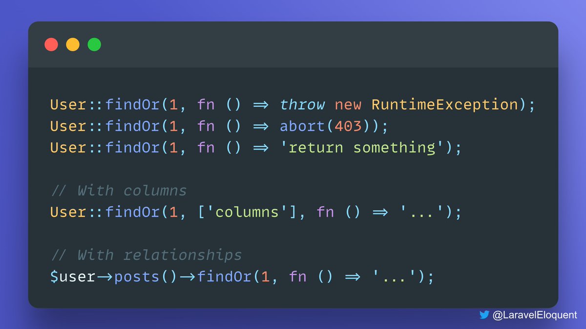 #Laravel #Eloquent Tip:
Available in v9.10. `findOr()` method allows you to return a custom response when the resource route couldn't find the model.

🔗 github.com/laravel/framew…

#Larave #Database #PHP