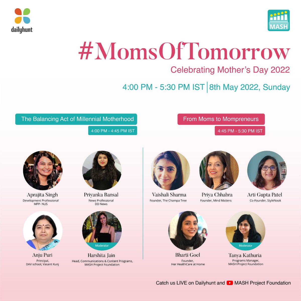 DailyhuntApp's tweet photo. Join us on our Youtube today at 4-5:30 PM IST for #MomsOfTomorrow with 7 amazing women.
@MASH_Project @Style_Nook @thechampatree
#Dailyhunt #MASHProject #Mompreneuers #MothersDay2022 #Mothers https://t.co/5kBCP2Ek73