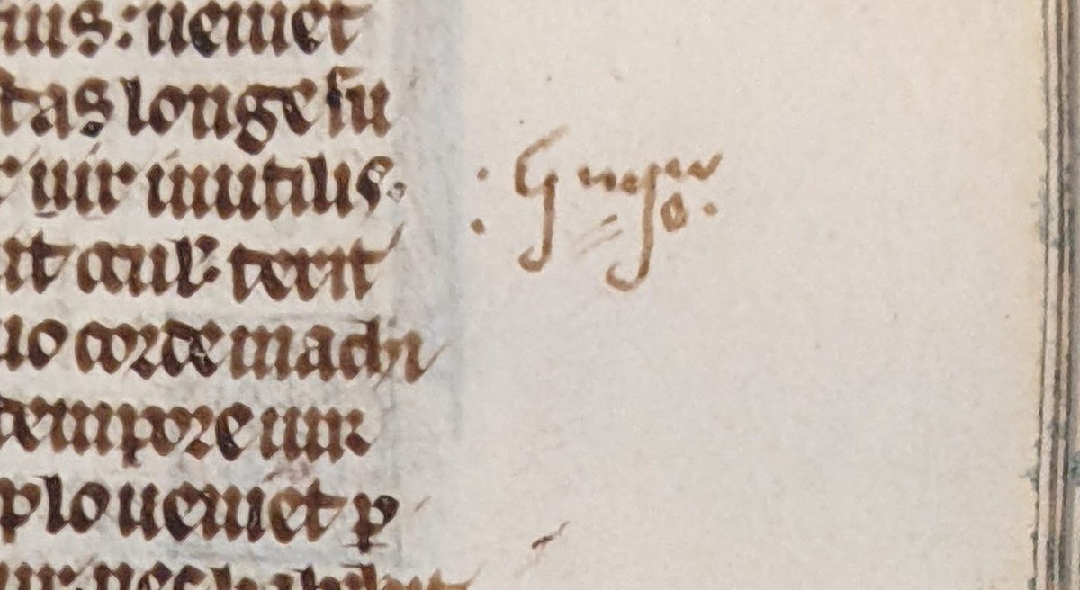 mssprovenance's tweet photo. Does anyone recognise this form of marginal note? 
It does not look to me like one of the many variants forms of "nota bene".
(These are in a 13th-century French Bible) https://t.co/tu86qXLTMV