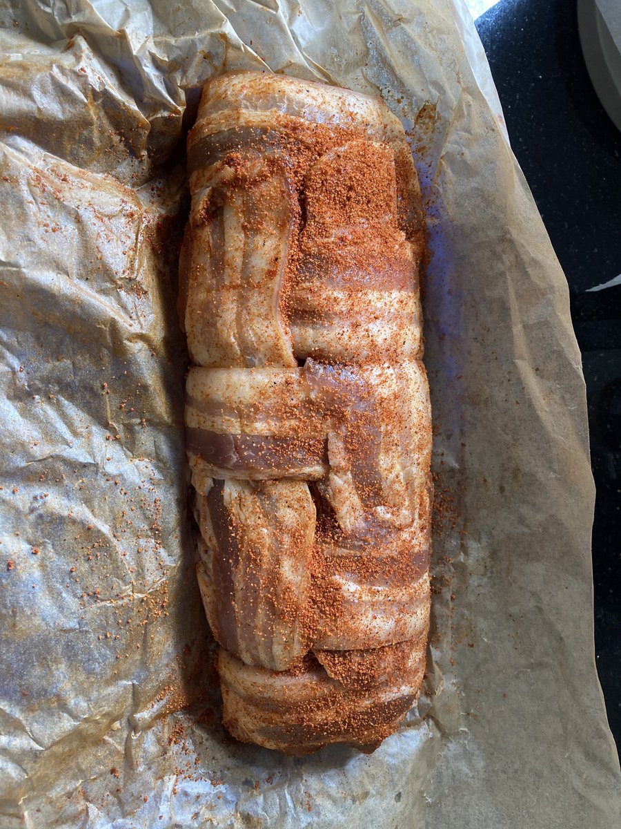 AndyUglow's tweet photo. Finished product ready to smoke. #masterbuild #bbqland #bacon https://t.co/GdqwKyHDse