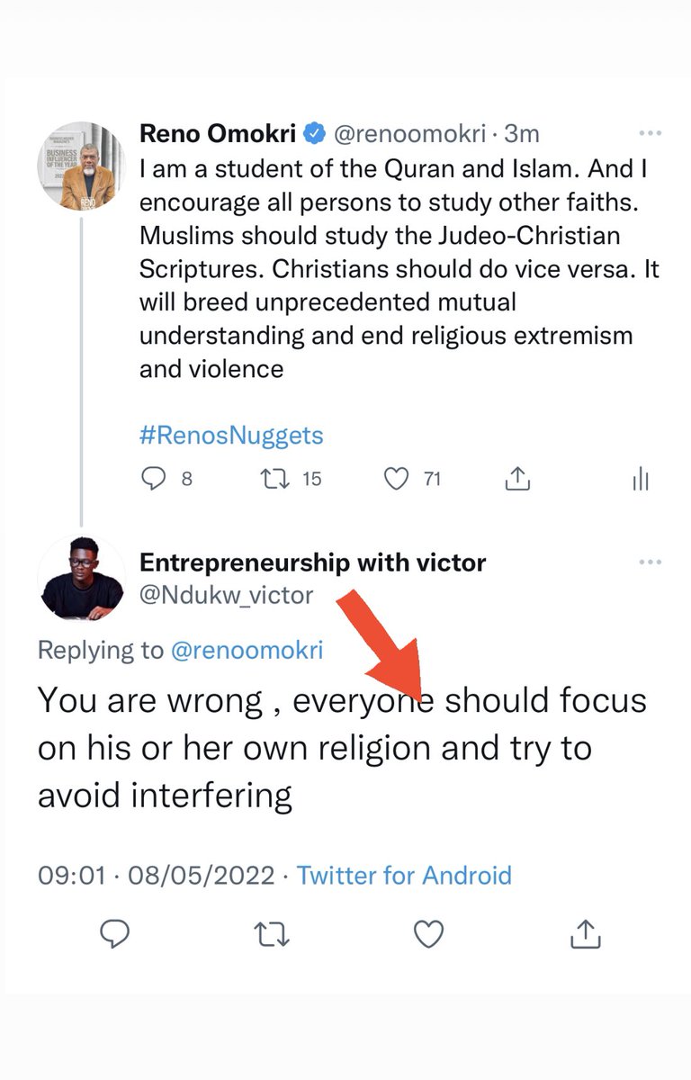 Dear @Ndukw_victor,

“His or her own religion.” What religion did you, Victor, come to Earth with? You are what you are because you were born to parents of that religion. Most people on Earth did not choose their religion. You most likely inherited your religion!

#RenosNuggets