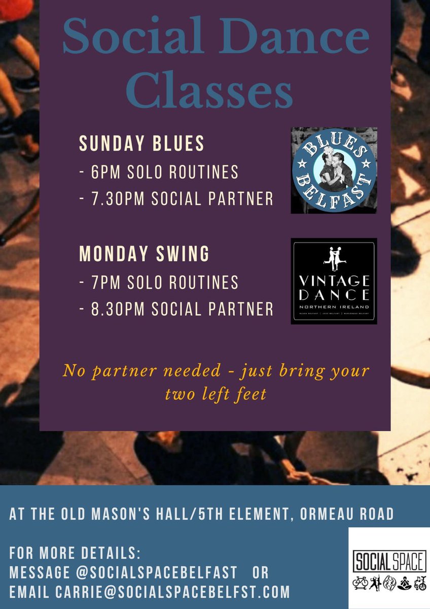 OurSocialSpace's tweet photo. Want to learn how to dance?
Join our Sunday Blues or Monday Swing social dance classes.
No experience or dance partner needed - suitable for all abilities. 

DM for more information and how to join. 

#danceclass #ormeau #Community #belfast #swing #blues https://t.co/6s4IalE2PX