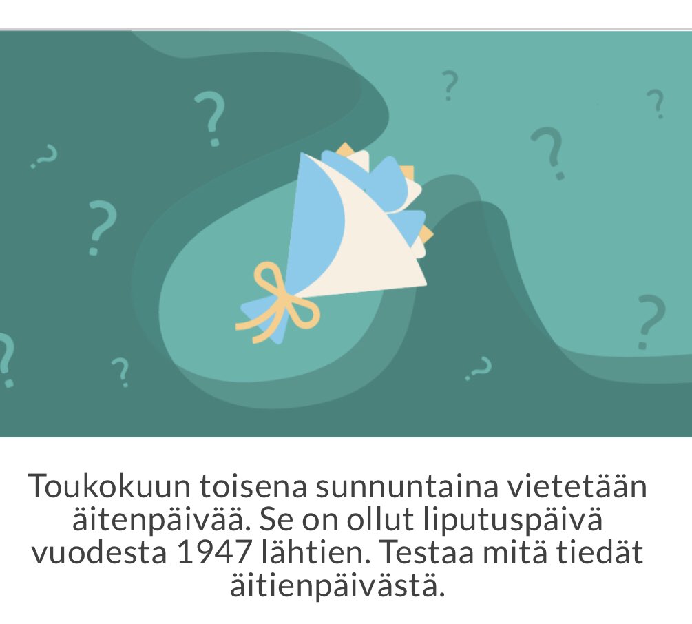 MSillanpaan_sr's tweet photo. Toukokuun toisena sunnuntaina vietetään äitienpäivää. Muistipuisto toivottaa ONNEA kaikille Suomen äideille! Tervetuloa päivän aivotreeneihin äitienpäivän tietovisan merkeissä.
#äitienpäivä #aivotreenit #muistipuisto
https://t.co/nMZQXm5pOj https://t.co/fQGppMsgPn