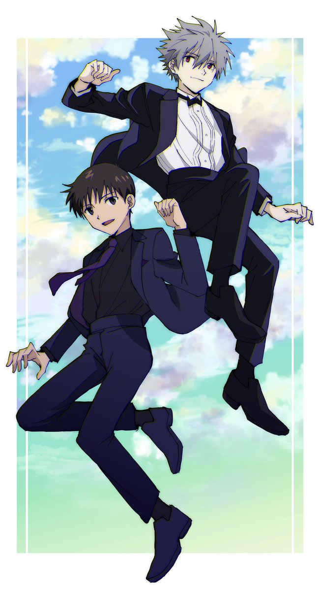 ikari shinji ,nagisa kaworu 2boys multiple boys male focus smile bowtie formal necktie  illustration images