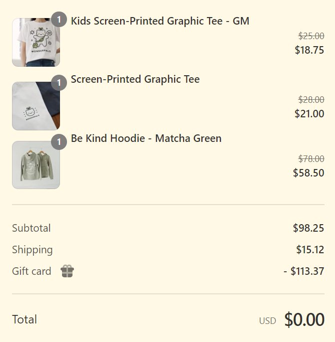 HUGE shout out to the <a href="/WonderPals/">WONDERPALS 🌱</a> Team for creating a merchandise experience conducive to anonymous degens!

I applied the free gift card to the entire order, didn't need a credit card, and items are being sent to a neighbor.

Site is gorgeous, too! 💚🌈

shop.wonderpals.com
