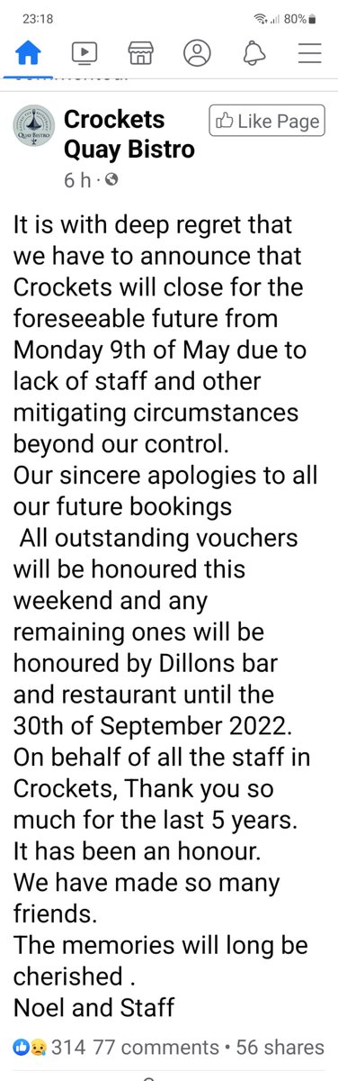 Pilot_Bar's tweet photo. @adriancummins Another one bites the dust! Huge loss to the local area &amp; tourists. Loss of employment, services &amp; social outlet. We're also struggling with staff numbers, et al, but hanging on. We'll miss one of our go-to restaurants on the occasional mid week family night out https://t.co/CZrrflNMbT