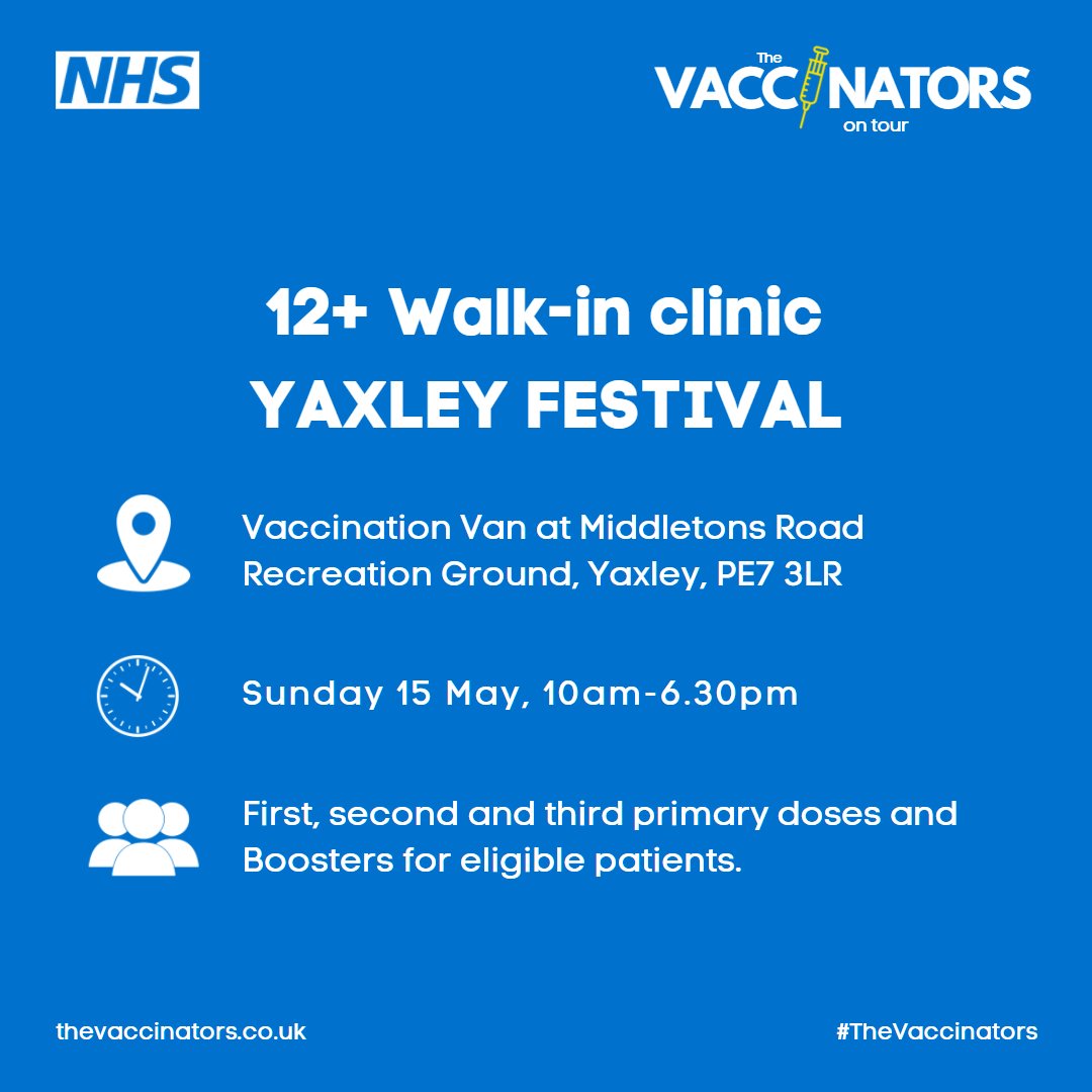Get vaccinated at the YaxFest <a href="/NHSuk/">NHS</a> Walk-in Clinic.
Eligible patients 12+ can get their first, second and third primary doses as well as boosters on Sunday 15th May at Yaxley Festival. 10:00am-6:30pm  #vaccination