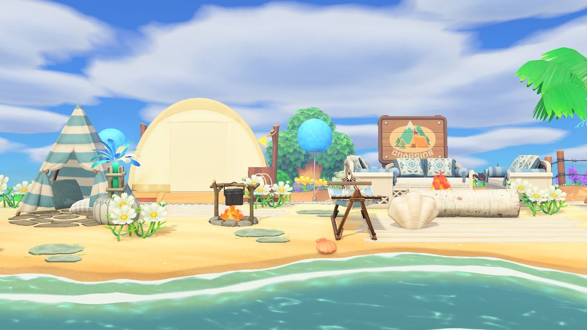 jujubee_gaming's tweet photo. my beach campsite during the day :) #AnimalCrossing #ACNH #acnhbeach https://t.co/jkbTK0O7eO