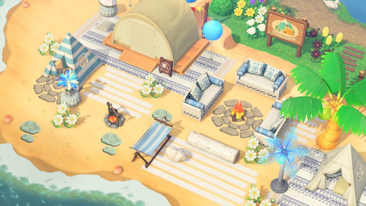 jujubee_gaming's tweet photo. my beach campsite during the day :) #AnimalCrossing #ACNH #acnhbeach https://t.co/jkbTK0O7eO
