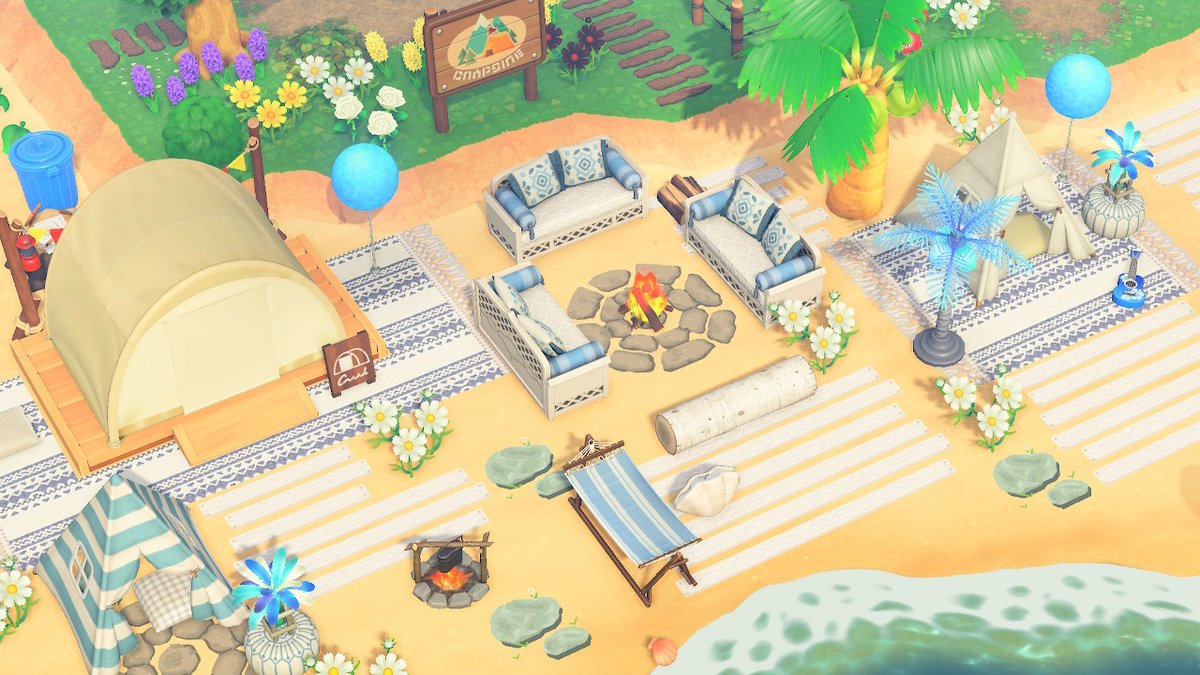 jujubee_gaming's tweet photo. my beach campsite during the day :) #AnimalCrossing #ACNH #acnhbeach https://t.co/jkbTK0O7eO