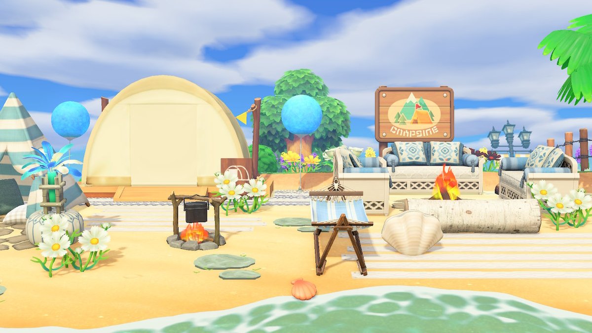 jujubee_gaming's tweet photo. my beach campsite during the day :) #AnimalCrossing #ACNH #acnhbeach https://t.co/jkbTK0O7eO