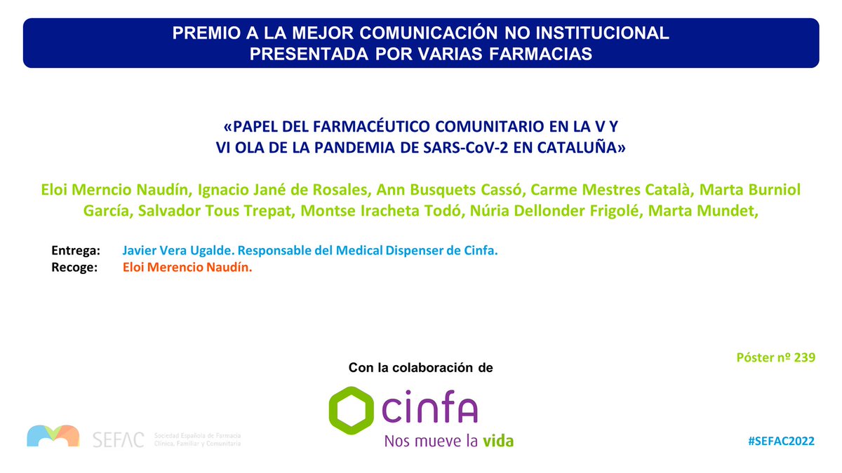 nachojane1's tweet photo. Des de SEFAC Catalunya volem compartir amb tots els farmacèutics comunitaris catalans que han participat en el #programaTAR de cribratge el premi que hem guanyat al Congrés de #SEFAC2022
Papel del farmacéutico comunitario en la V y VI ola de la pandemia SARS-CoV-2 en Cataluña https://t.co/GrjZRn4Bn7