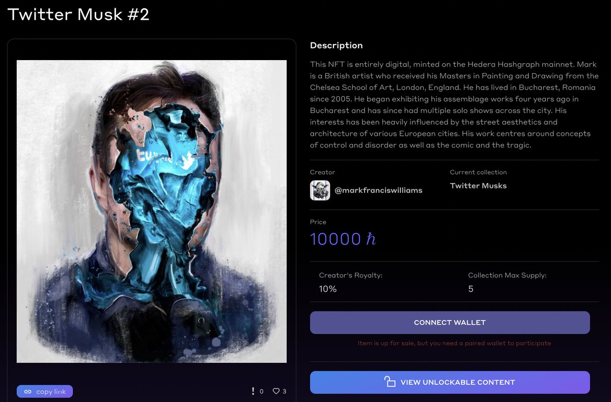 mfwArt's tweet photo. LET'S MAKE HISTORY! Twitter Musk #2 is now on HashAxis secondary market for 10K. Whoever buys this will receive the IRL, signed, museum archival quality, single edition print. Shipped WW for free. https://t.co/4n01vzS46i #nft #hbar #elonmusk #ElonMuskBuysTwitter https://t.co/gCrheT93Bk