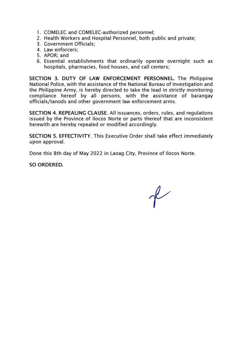 EvaVisperas's tweet photo. Ilocos Norte Gov. Matthew Marcos Manotoc has issued Executive Order No. 183-22 declaring a 9PM to 4AM curfew on May 8, 2022 in the province.
@The Philippine Star https://t.co/VNI5qQiaQi