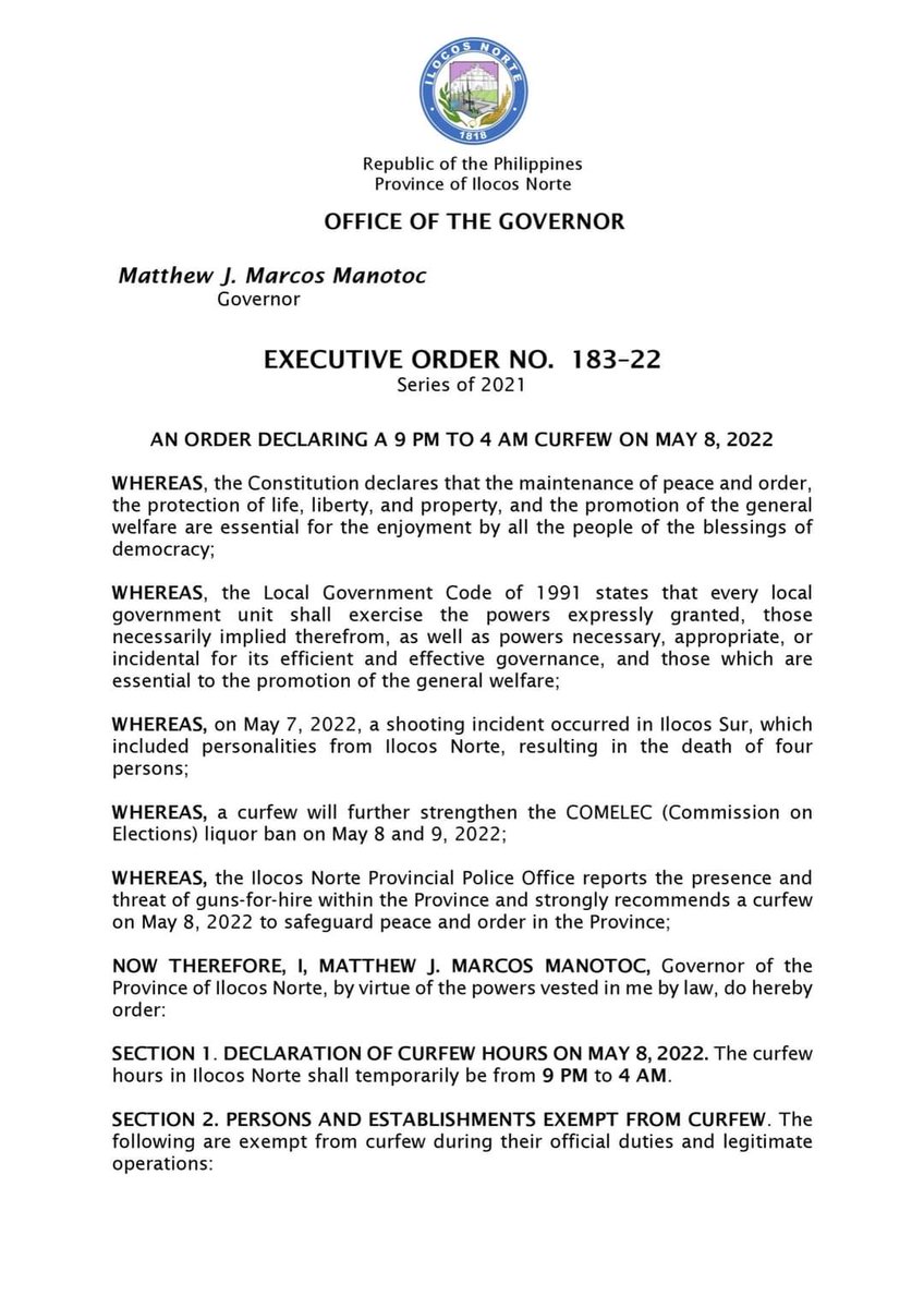 EvaVisperas's tweet photo. Ilocos Norte Gov. Matthew Marcos Manotoc has issued Executive Order No. 183-22 declaring a 9PM to 4AM curfew on May 8, 2022 in the province.
@The Philippine Star https://t.co/VNI5qQiaQi