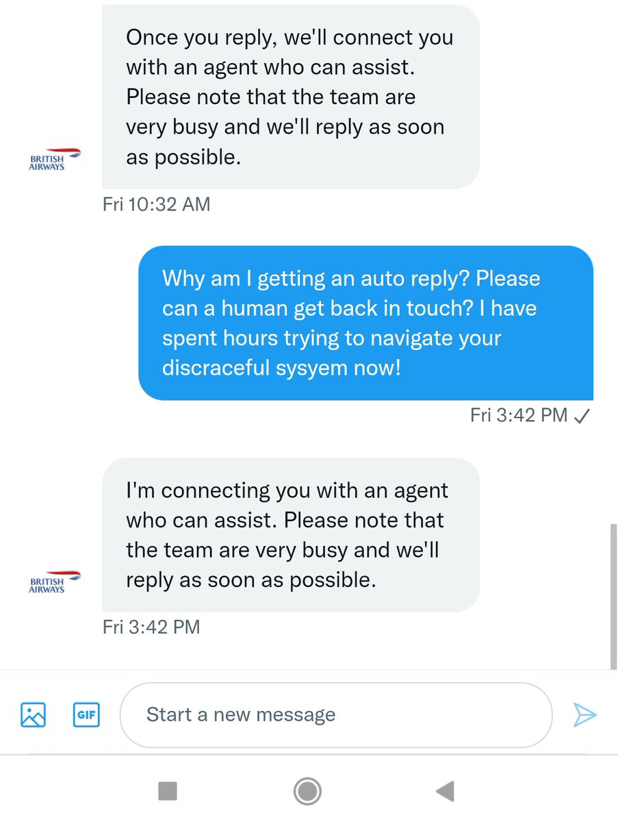 Russler_78's tweet photo. .@British_Airways - do u have any #CustomerService channels where I don't get directed to a useless robot or Indian call centre where calls constantly drop? U asked me to DM a week ago and still nothing. I expect better #CustomerExperience :( Are you able to assist us please? https://t.co/yvkXbFdW8M