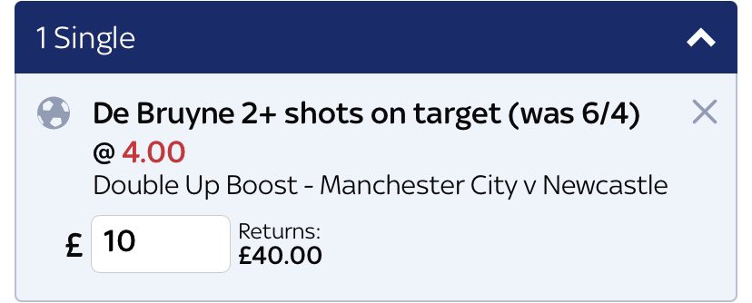 TheStatScout's tweet photo. Here’s todays FREE tip from our VIP page
Back both of the bets below, if De Bruyne has 2+ SoT you make £10, if not, you break even!
#matchedbetting #matchbet #betting https://t.co/BaDSAyy16C