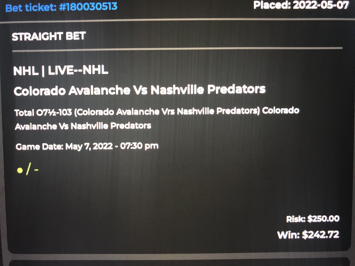 RainmanNHL's tweet photo. NHL Recap 5-7: LIVE BETS
LIVE BET Recap 2/3 Overall-
Bet #1~AVS/ Preds- O7.5! ✅💰Bet placed at 2-1.
Bet #2 AVS/ Preds- O10.5! (.5/1G Short)
Bet #3| PENS /NYR- O9.5! ✅💰 Bet placed @ 4-3 Pitt.
@Chasing_Losses & @SOdaddy2017 know the drill. #RainMain #mathandhockey #NHL https://t.co/lCltrjPrIR