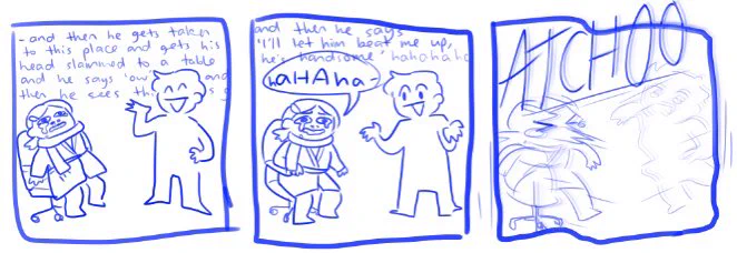 my sister's artistic rendition of me busting into her room and talking about victor zsasz while she slowly succumbs to the flu 