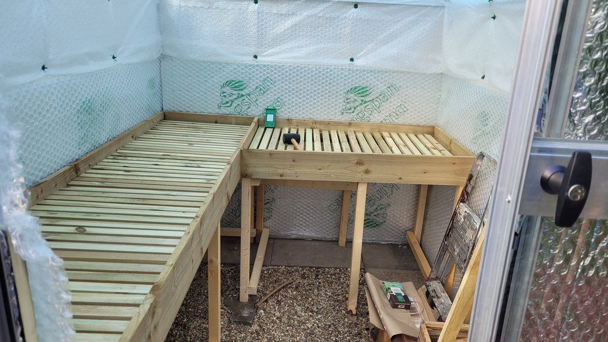 rockerblonde's tweet photo. Benching now complete just need the electrics to do in then I can make a shelf for the heater. #greenhouse #newgreenhouse #growarea #growing #coolhouse #moregrowspace https://t.co/mMbpE8rci0