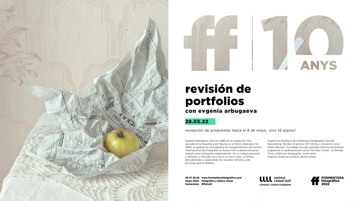 formenterafotog's tweet photo. ❗️ÚLTIMO DÍA❗️Apúntate al visionado de portfolios grupal con la fotógrafa documental Evgenia Arbugaeva. Será el 28 de mayo en Formentera y HOY se cierra el plazo! Consulta toda la info aquí https://t.co/h9zz3hzGoo
@IRLlull #FFOTO22 https://t.co/mBdGF6IW5Q