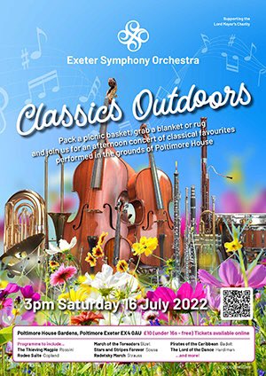 Exeter_Symphony's tweet photo. Here’s a sneaky peak preview of our ‘classics outdoors’ concert poster. Put the date in the diary. 3pm Saturday 16 July. In the grounds of the wonderful Poltimore House. https://t.co/RAO44k7kJo